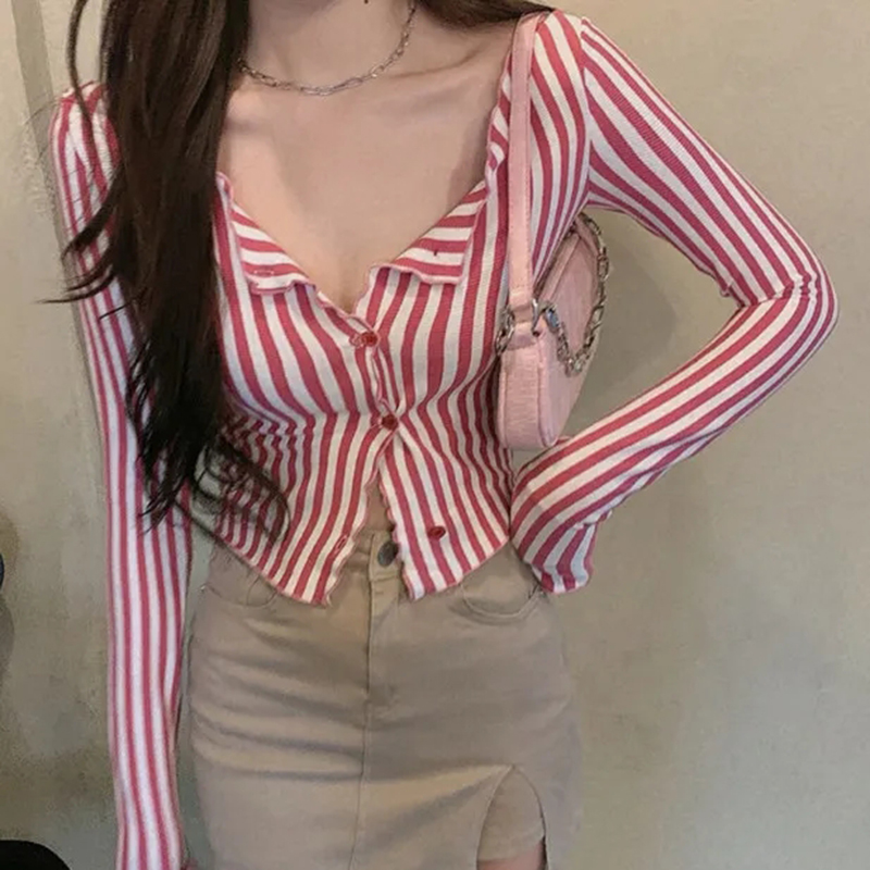 Street Fashion Korea - MEXZT-Chemises rayées vintage pour femmes, Tunique