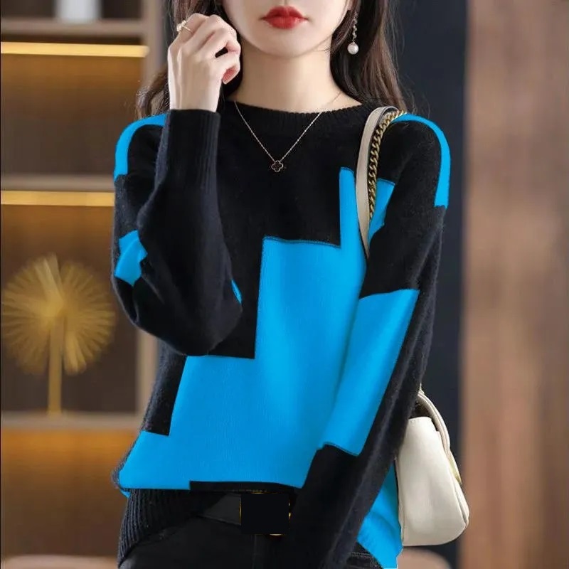 Pull tricoté épissé à col rond - Street Fashion Korea avis et prix